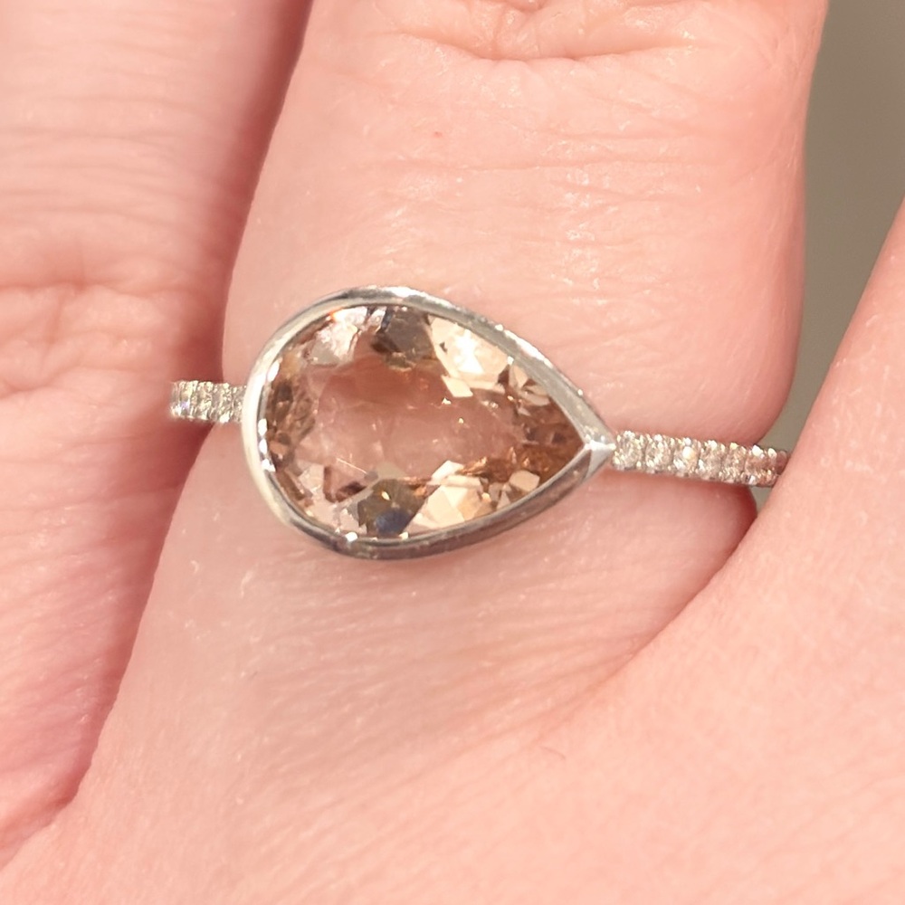 18K Morganite Diamond Ring: 3 Carat Pear Solitaire Peach Bezel Size 7.25 - Picture 1 of 11
